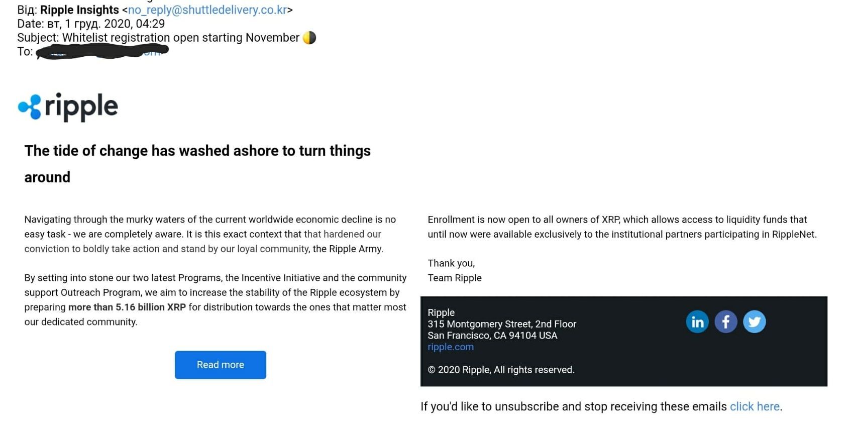 Мошенническая рассылка от псевдо-команды Ripple