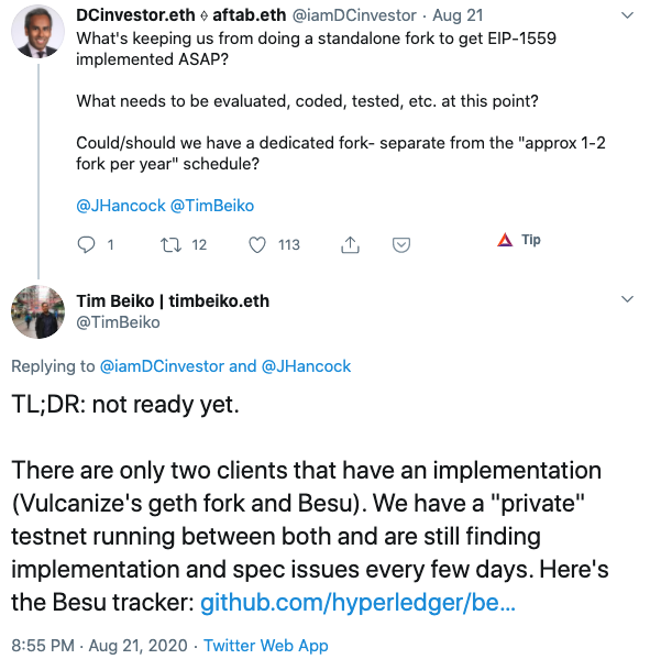 Tuit sobre gas ETH DeFI