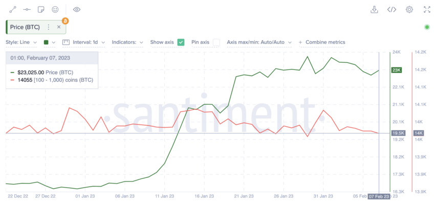 Ví Bitcoin nắm giữ 100 đến 1,000 BTC. Nguồn: Santiment
