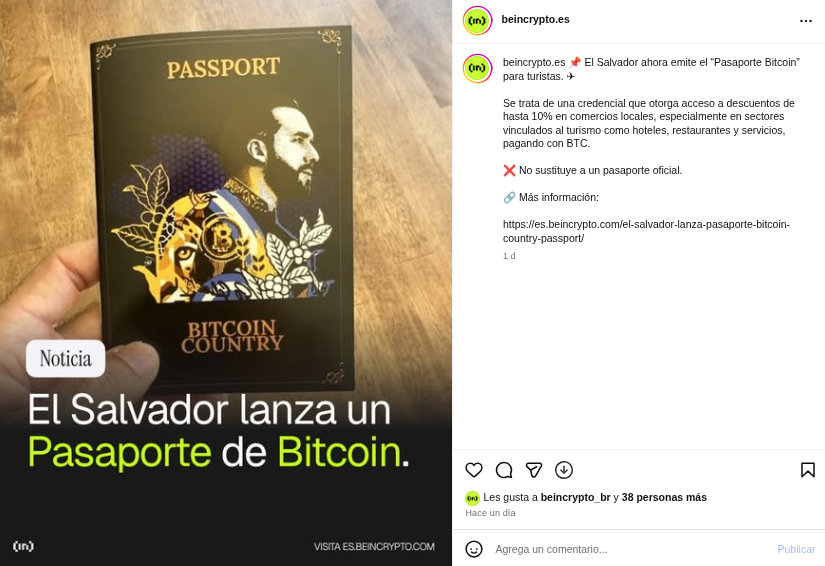 Pasaporte "Bitcoin Country" de El Salvador. Fuente: BeInCrypto en Instagram