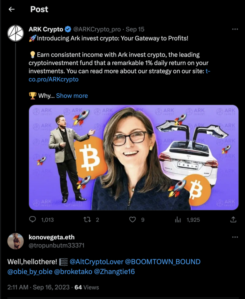 A screenshot of X (Twitter) account impersonating Ark Invest