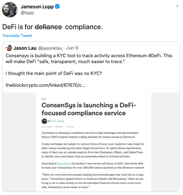 Tuit Jameson Lopp sobre Defi