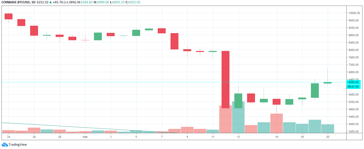 Evolución diaria del precio del Bitcoin. Imagen: Tradingview