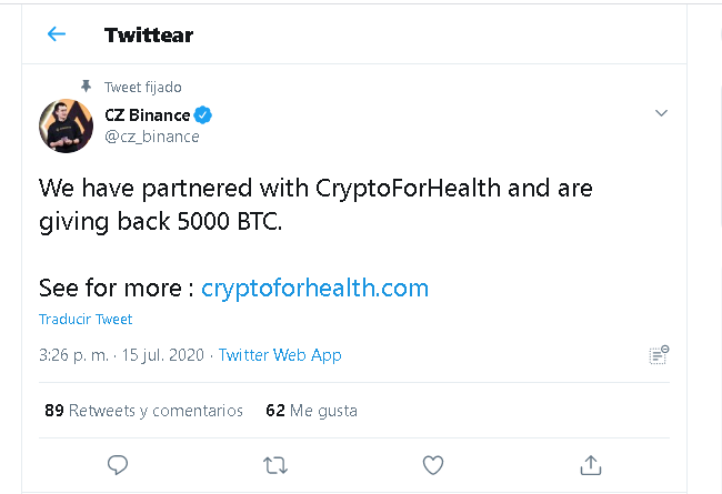 CryptoForHealth hack Twitter Bitcoin Binance