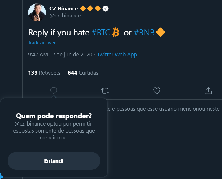Resposta ao Tweet de CZ Binance é negada