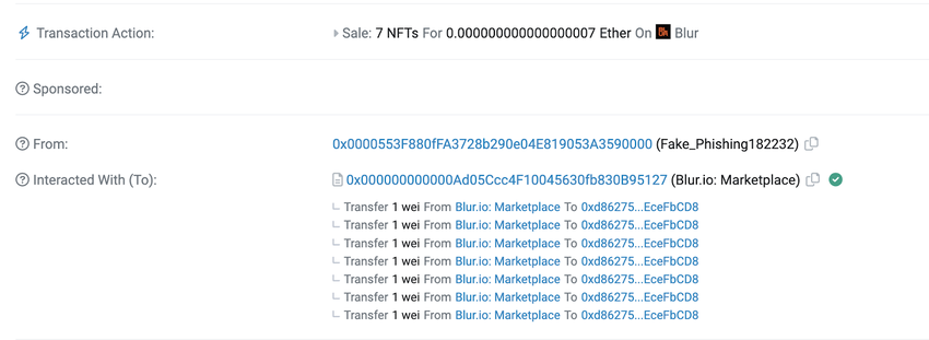 Transaction showcasing the NFT theft. Source: Etherscan