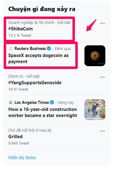 Những Hashtag về DOGE liên tục lên top Trending trên Twitter.