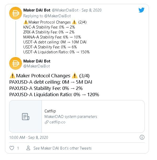 Cuenta de Twitter oficial informativa Maker DAI Bot anunciando el cambio en el protocolo donde se agregan a USDT y PAX como colaterales de DAI. Imagen: @MakerDaiBot