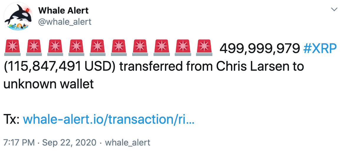 Tuit Chris Larsen 150 millones dólares en XRP