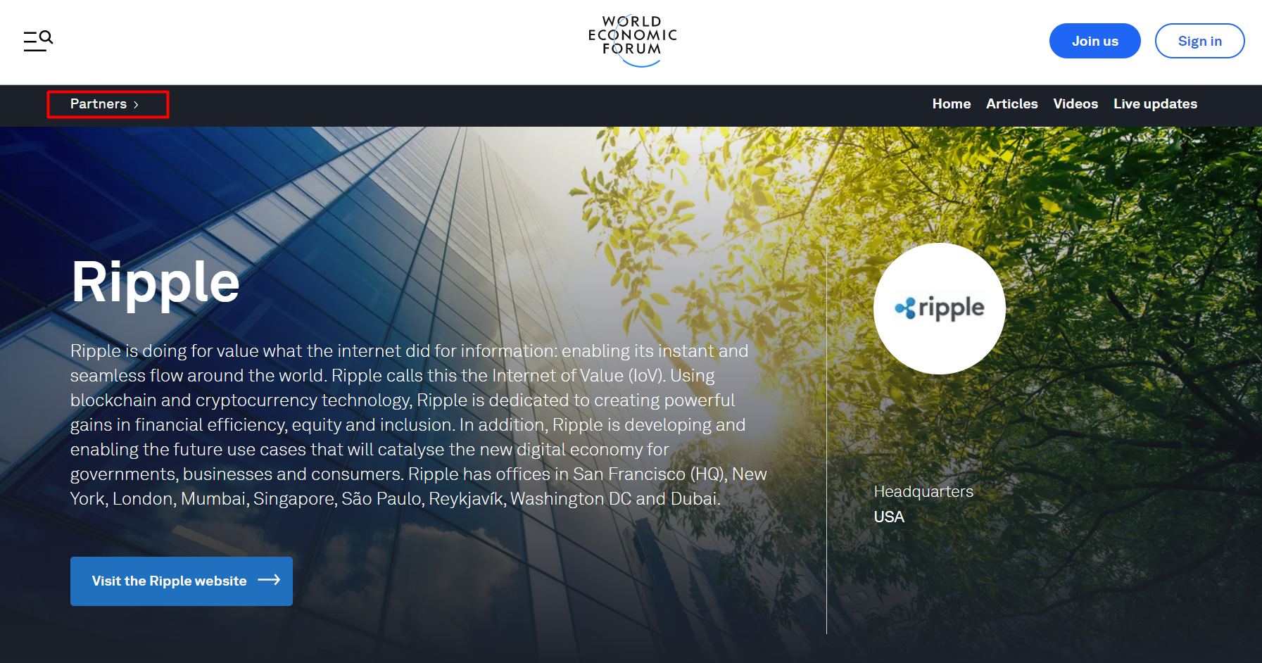 Ripple trong danh sách đối tác Diễn đàn Kinh tế thế giới (WEF). Nguồn: WEF
