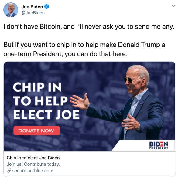 Tuit Joe Biden sobre twitter hack