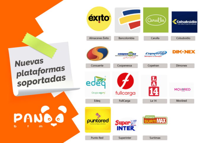 Imagen promocional con las nuevas plataformas soportadas por PandaBTM en Colombia. Imagen: PandaBTM